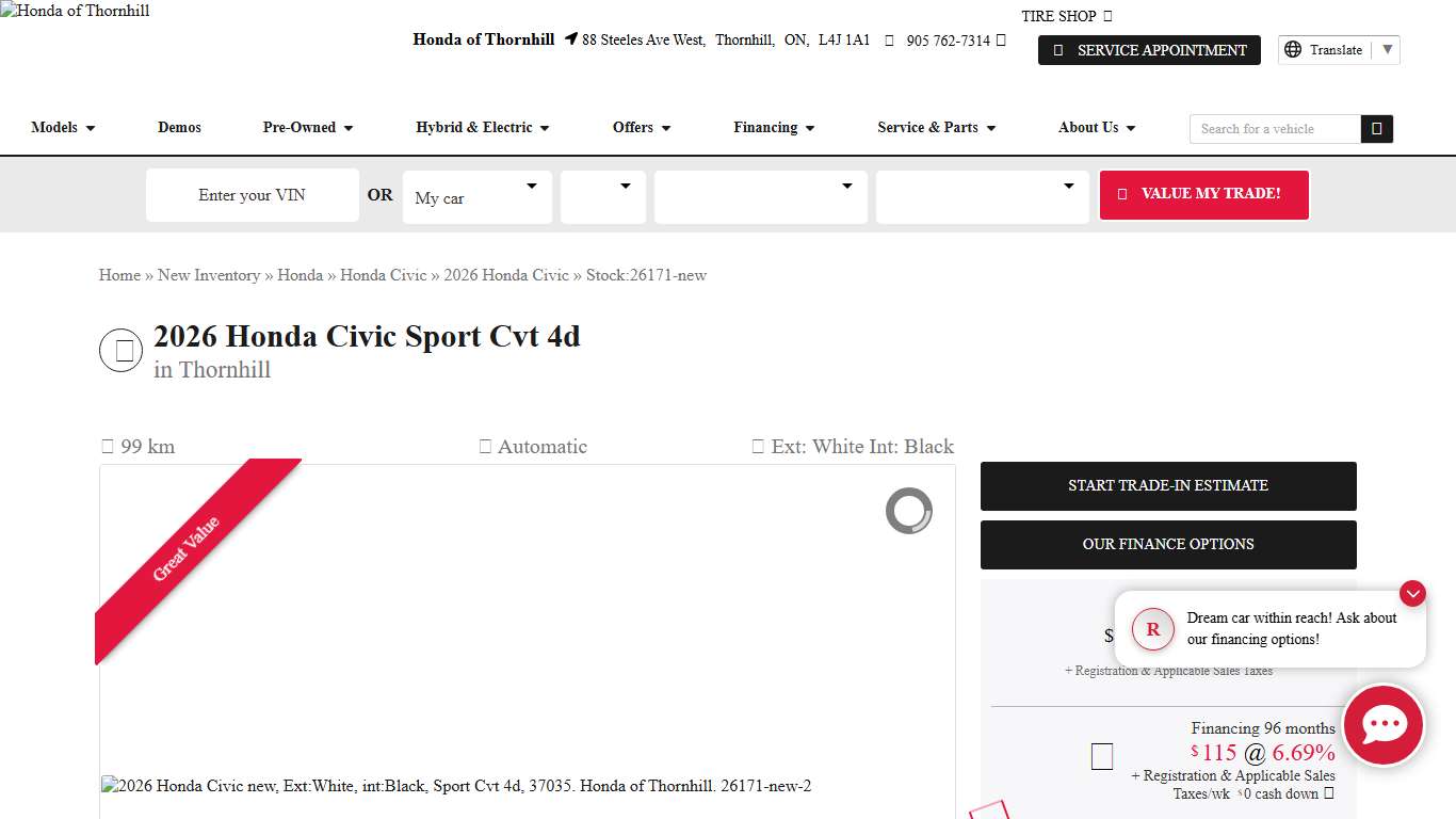 2026 Honda Civic new for sale (26171-new), Sport Cvt 4d $37,035